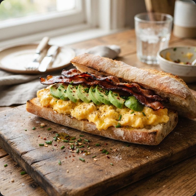 Baguette viennoise aux œufs brouillés, avocat & bacon