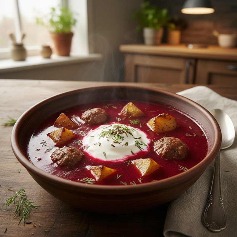 Barsciai, soupe chaude à la betterave, pommes de terre et boulettes de viande