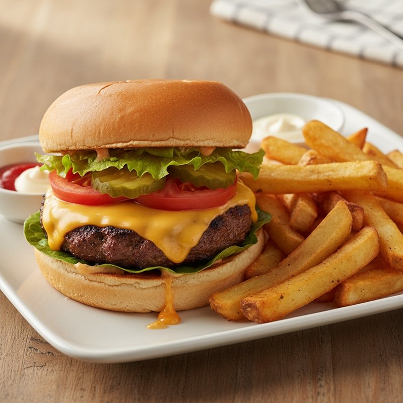 Cheeseburger et frites au four