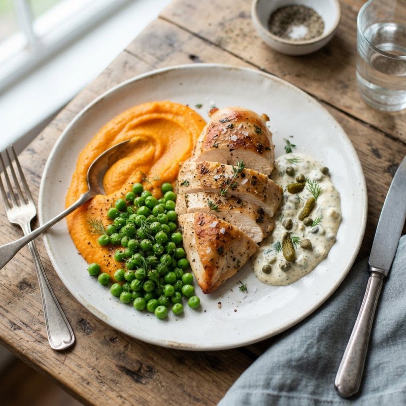 Poulet, purée de carottes & petits pois