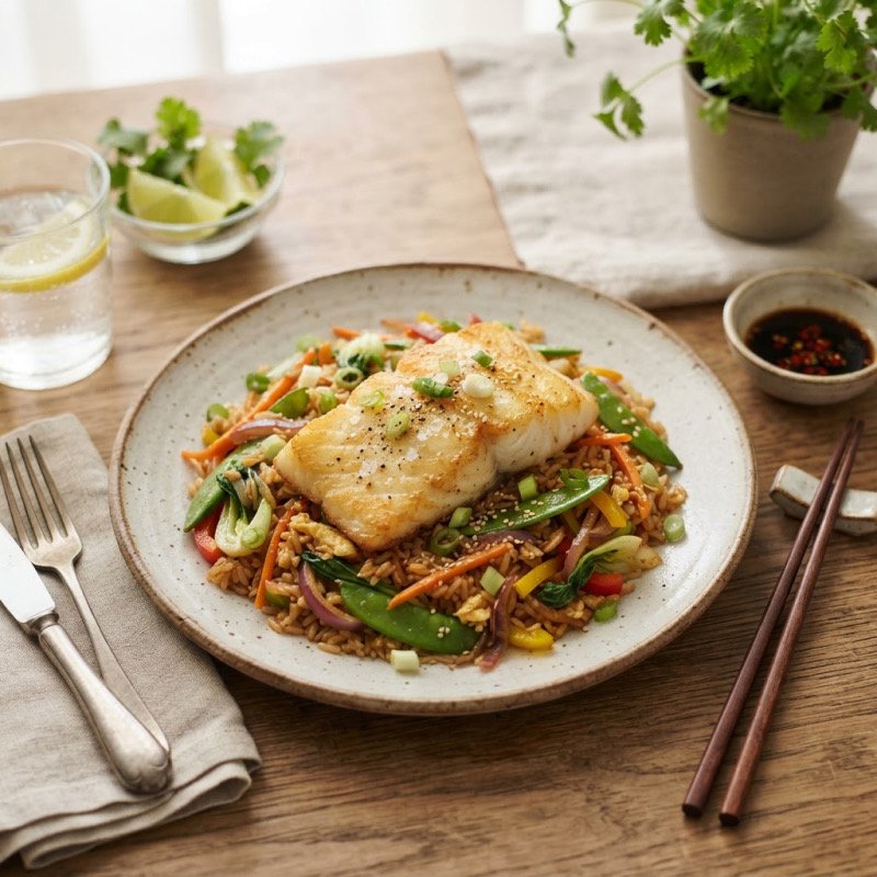 Cod with Stir-Fried Vegetable Rice