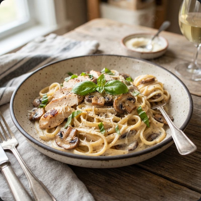 Linguine crémeuses au poulet & champignons