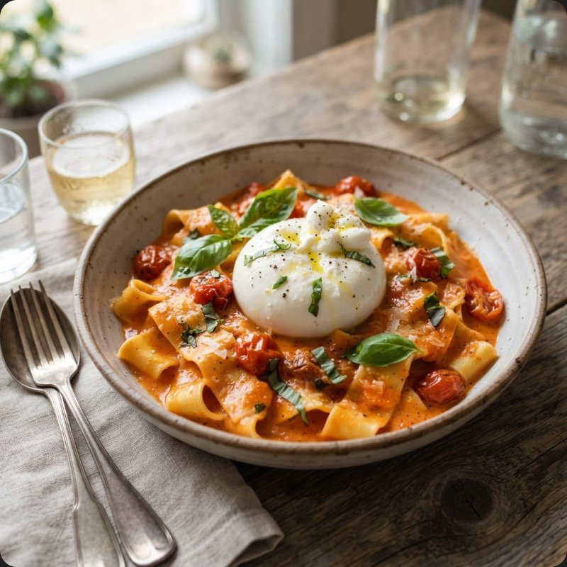 Pâtes crémeuses tomates & burrata