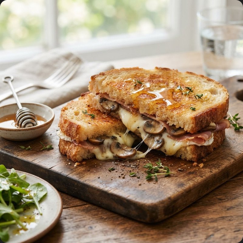 Grilled cheese au chèvre, miel & champignons
