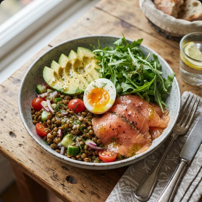 Lentil Bowl with Smoked Salmon & Egg