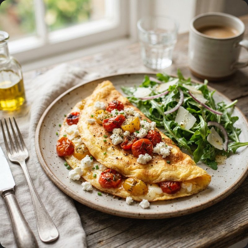 Omelette tomates confites & chèvre frais