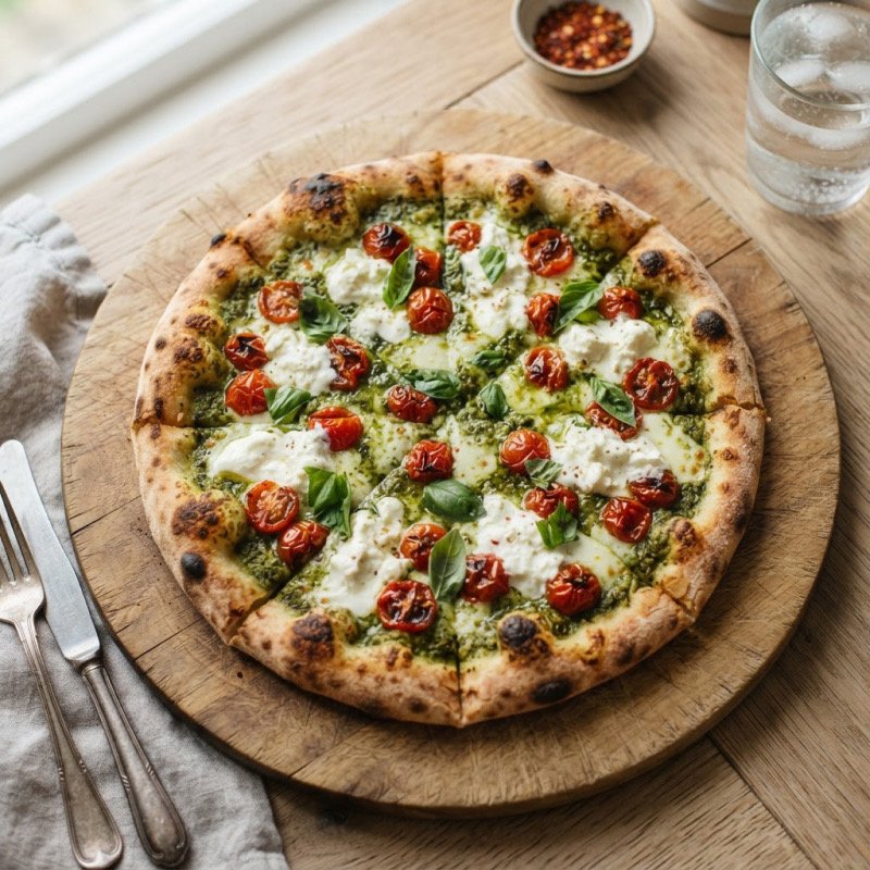 Pizza pesto, tomates & burrata