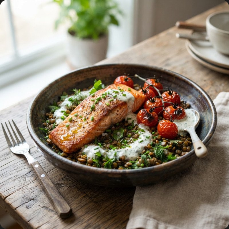 Salmon Bowl with Lentils & Roasted Tomatoes