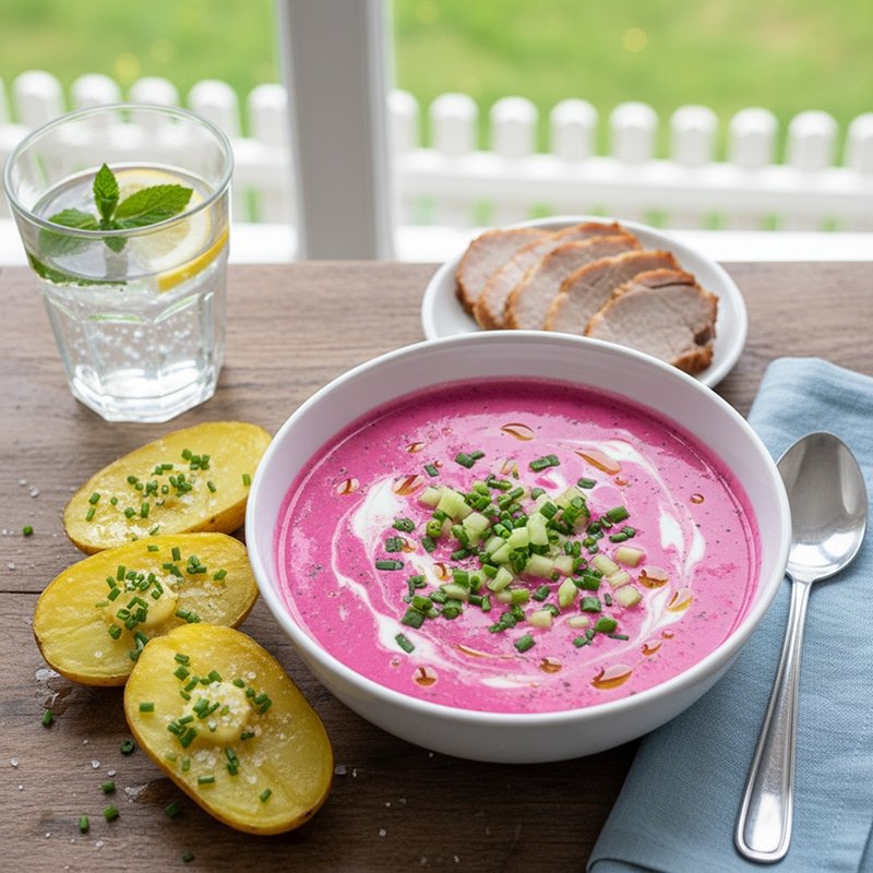 Soupe froide Salti Barsciai aux betteraves, pommes de terre et viande