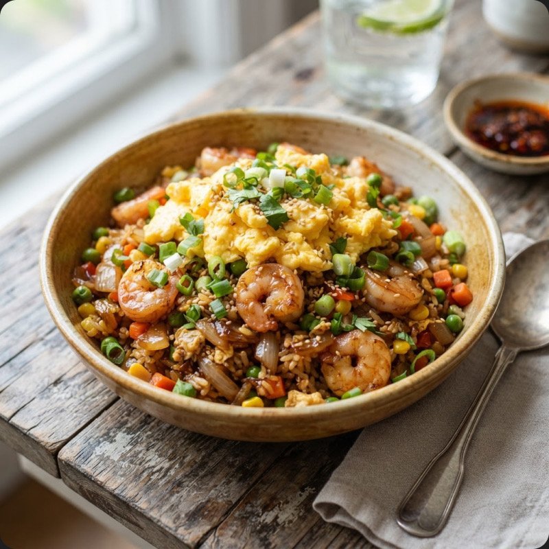 Riz sauté aux crevettes & légumes