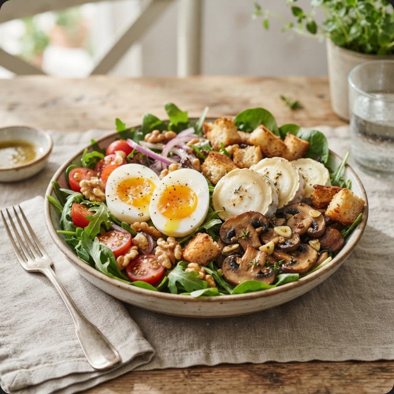 Salade œuf mollet, chèvre & champignons