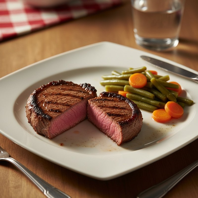 Steak, petits haricots verts et carottes
