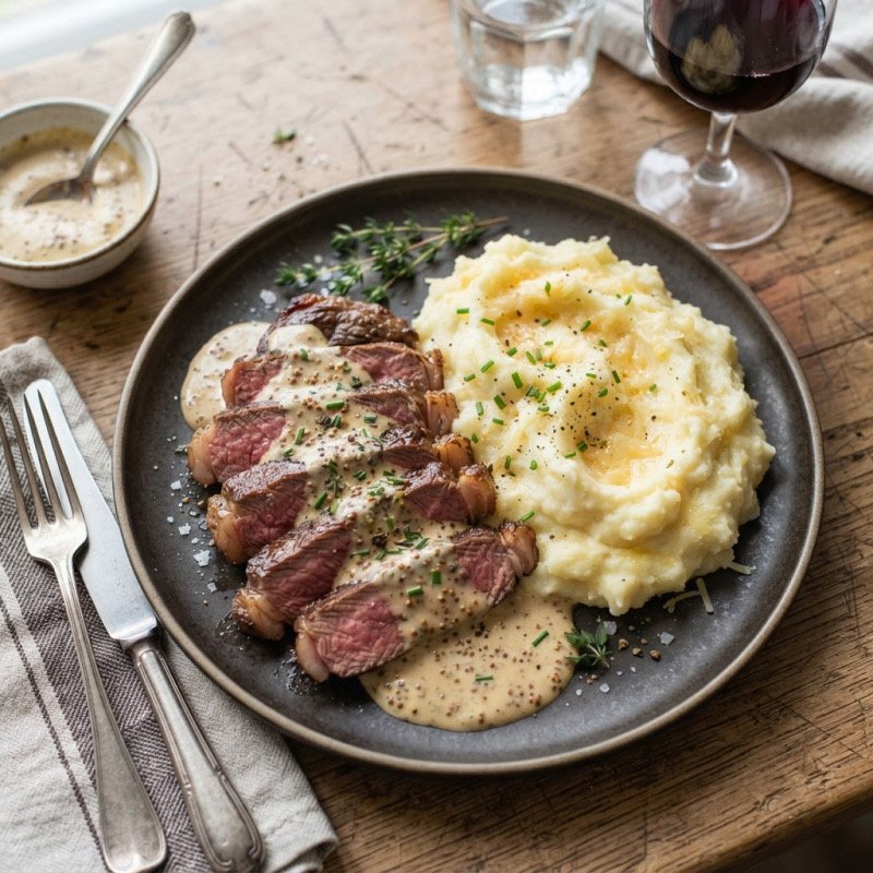 Steak with Mustard Sauce & Quick Comté Mash