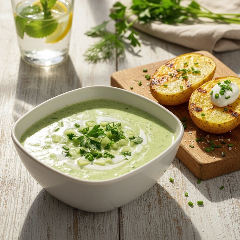 Soupe froide de légumes et pommes de terre grillées
