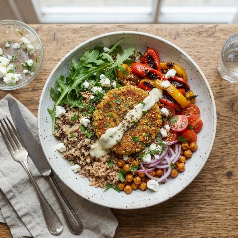 Veggie Cutlet Bowl with Marinated Peppers & Feta